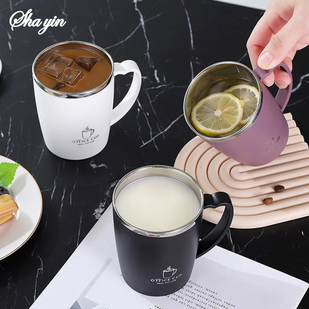 Stainless Steel Water Cup With Double-Layer Insulation, Anti Scald And Anti Drop Features, Handle And Cover, Large Capacity Qme