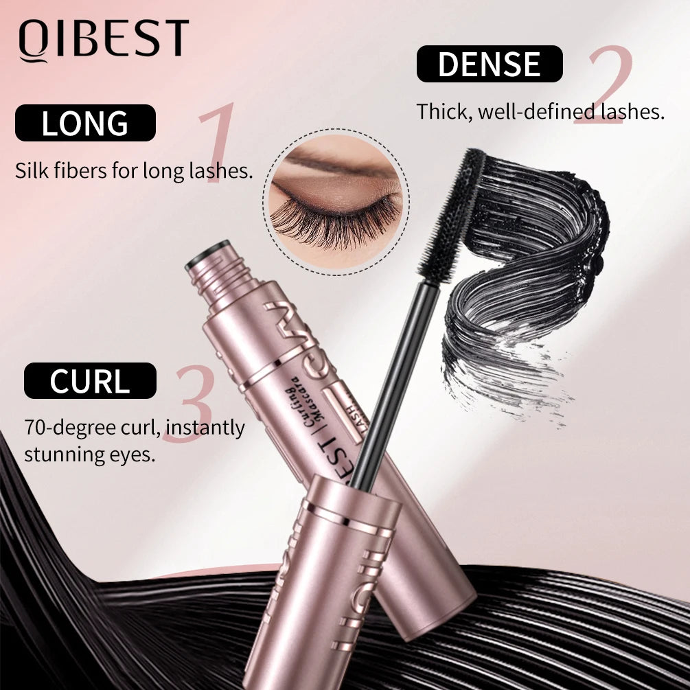 QIBEST New Silk Fiber Black Mascara Waterproof Long Lasting Extension Eyelashes Lengthening Curling Mascara Black Eyelash Makeup Qme