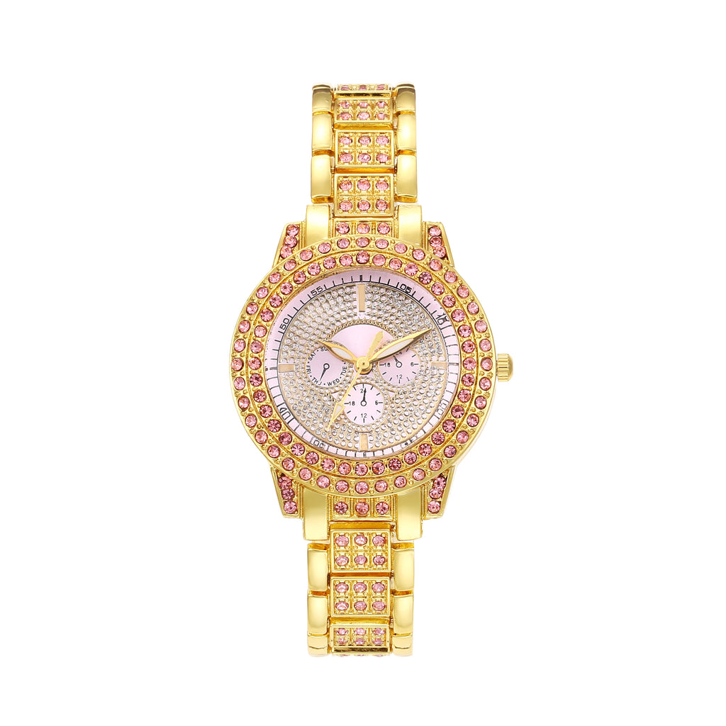 Glam Pink Crystal Rhinestone Gold Ladies Quartz Watch, Full Diamond Stainless Steel Band Multifunctional Dress Wrist Watch for Qme