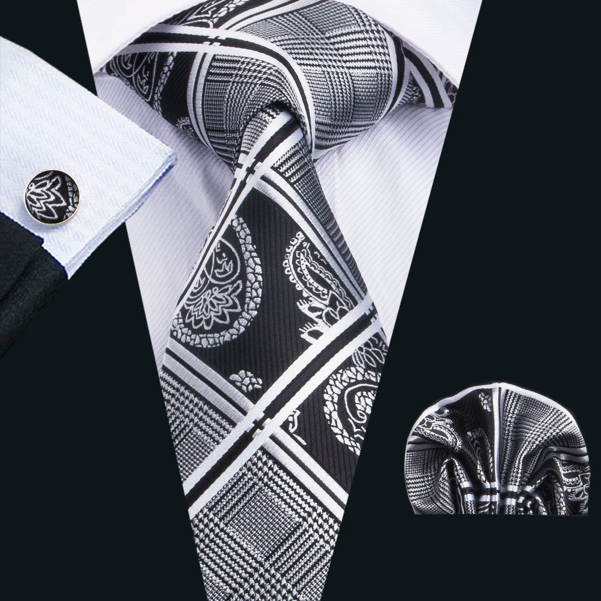 Black Geometric Tie Tie For Men Wedding Tie Party Necktie Handkerchief Cravat Barry.Wang Fashion Designer Tie Set LS-5225 Qme 1659