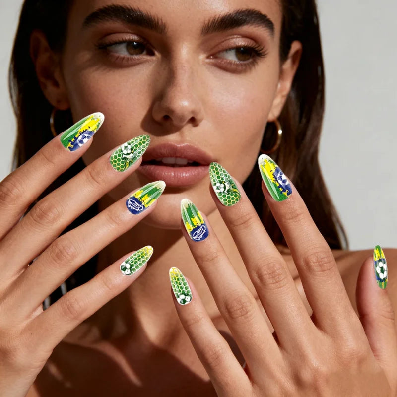 Brazil Press On Nails Green Yellow Football Fan Party Fake Nails Waterproof Easy Apply Remove Qme