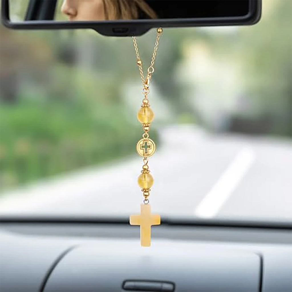Natural Crystal Cross Car Rearview Mirror Decoration Heart-shaped Qme Gold