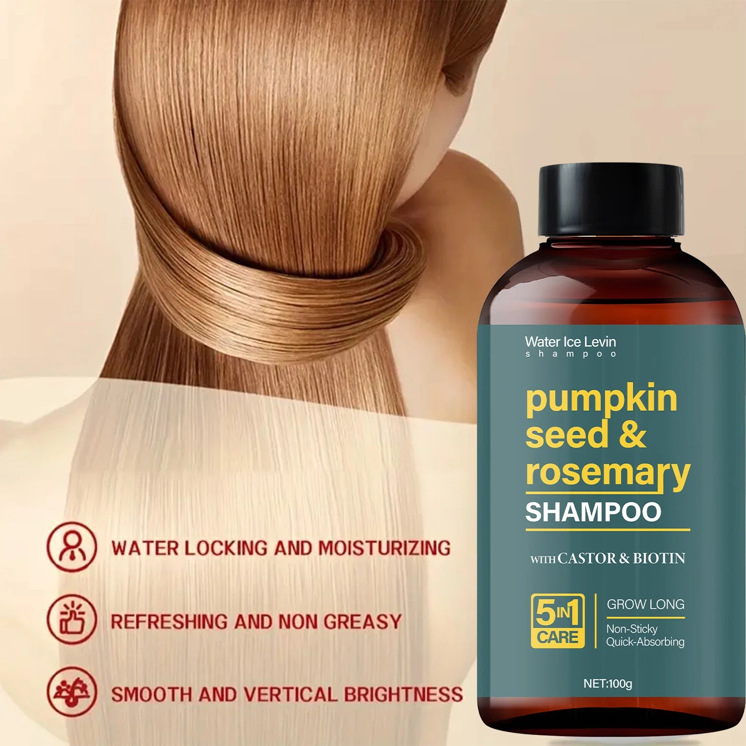 Water Ice Levin Pumpkin Seed & Rosemary Shampoo with Castor Oil & Biotin for Hair Growth, 5M Care, Non-Sticky Formula Qme