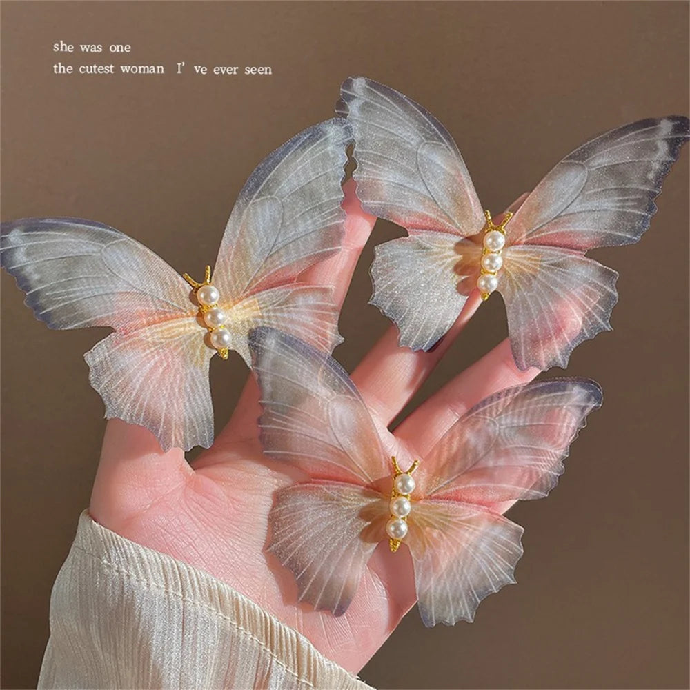 Dynamic Chiffon Butterfly Hair Clip Fairy Pearl Ancient Style Temperament Female Hair Accessories Gift Wholesale Qme