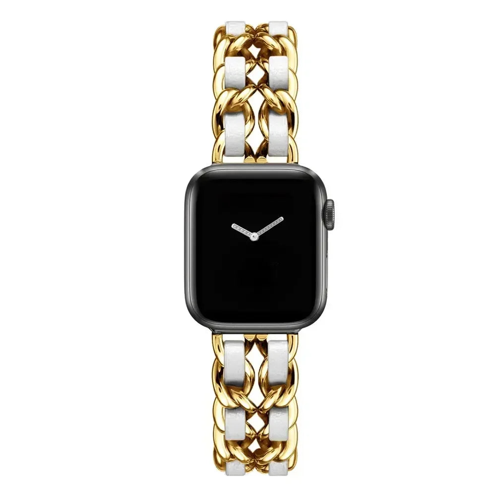 Luxury Metal Denim Strap For Apple Watch Band Ultra 2 1 49mm 41 45mm 38 42mm 44 40mm Bracelet For iWatch 9 8 7 SE 6 5 4 3 Women Qme Gold White 42mm 44mm 45mm 49mm