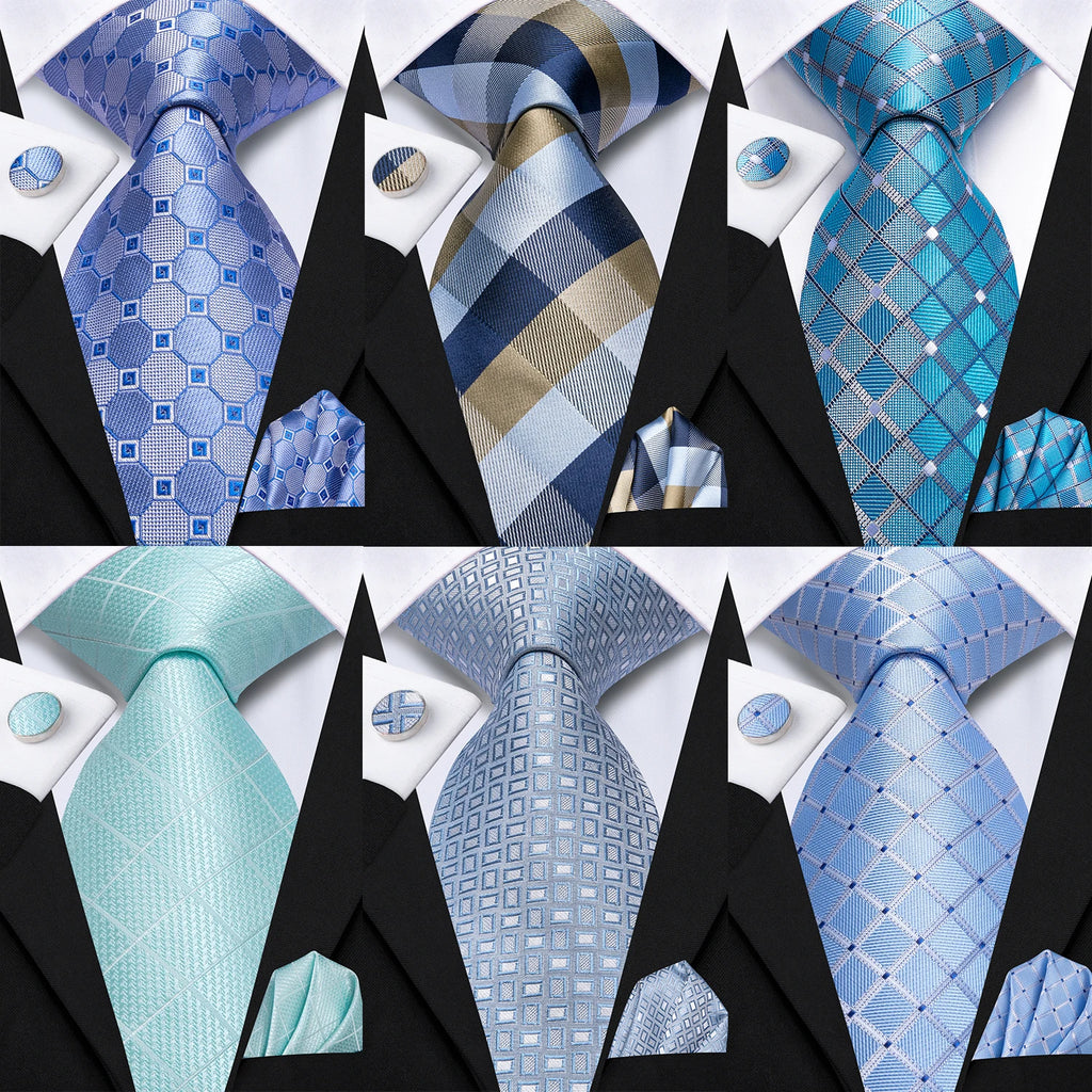 Hi-Tie Fashion 8.5cm Blue Plaid Dots Men's Elegant Tie Handkerchief Cufflinks Set Wedding Party Accessories Gift for Men Gravats Qme