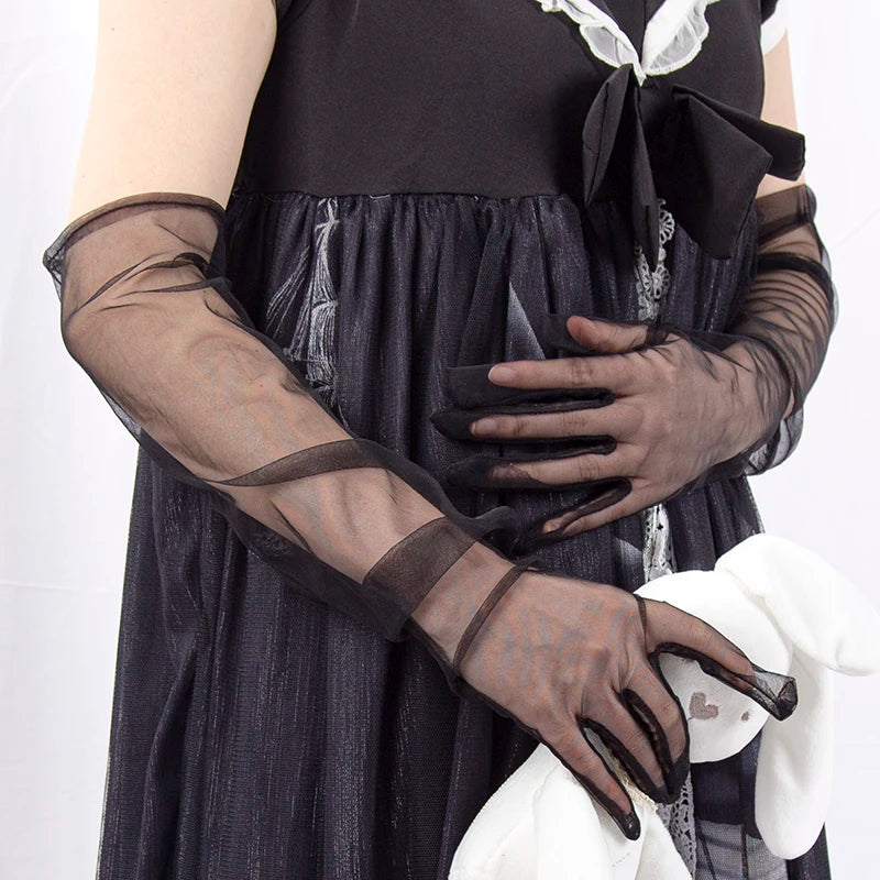 Long Sheer Tulle Gloves Ultra Thin Stretchy Full Finger Mittens Mesh Qme