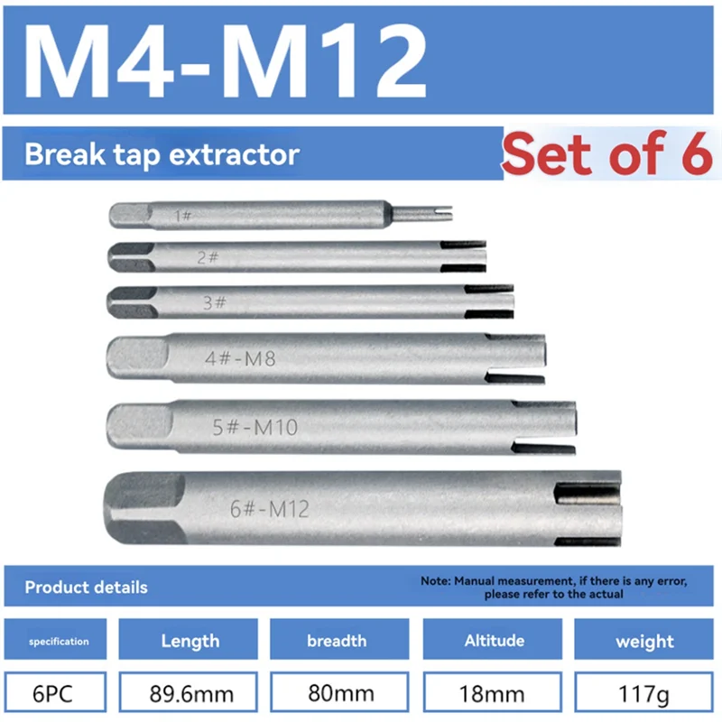 A02F-M4-M12 Broken Screw Tap Extractor Screw Stripping And Removal Hand Tool 6 Pieces Broken Head Extractor Hand Tool Qme