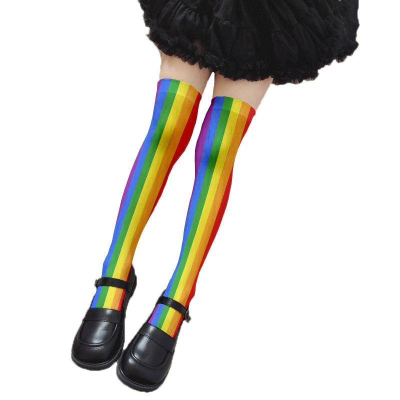 Fun Rainbow Striped Stockings Women's Sexy Fashion Multicolor Thigh Qme style5 One Size