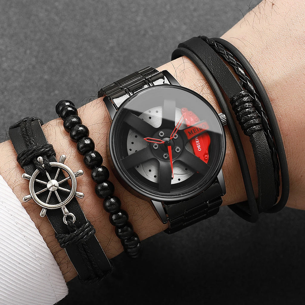 4pcs/set luxury men's watches fashion 3d wheel car male sports watch stainless steel quartz watch for men's bracelets Qme