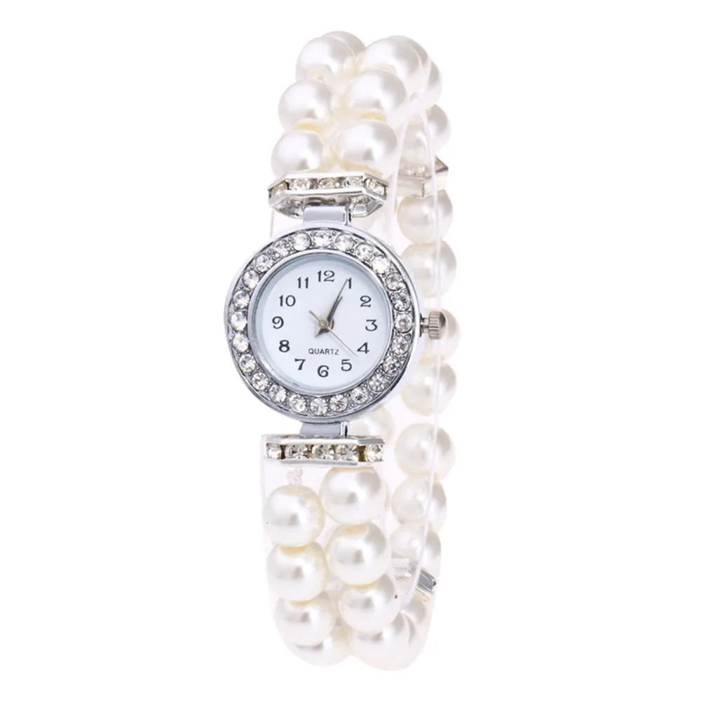 Fashionable And Versatile Exquisite Luxury Ladies’ Pearl Chain Round Dial Diamond Edge Embroider Quartz Watch Suitable For Party Qme White