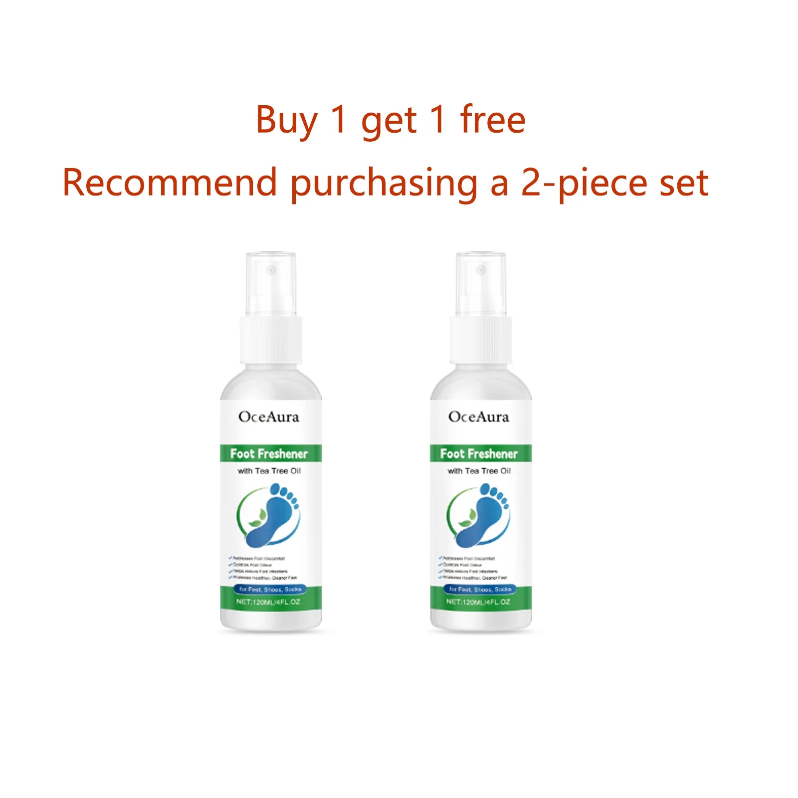 OceAura Foot Freshener Spray with Tea Tree Oil Deodorizing Sweat Absorbing Odor Eliminating Moisturizing Refreshing Foot Spray Qme 120ml x2