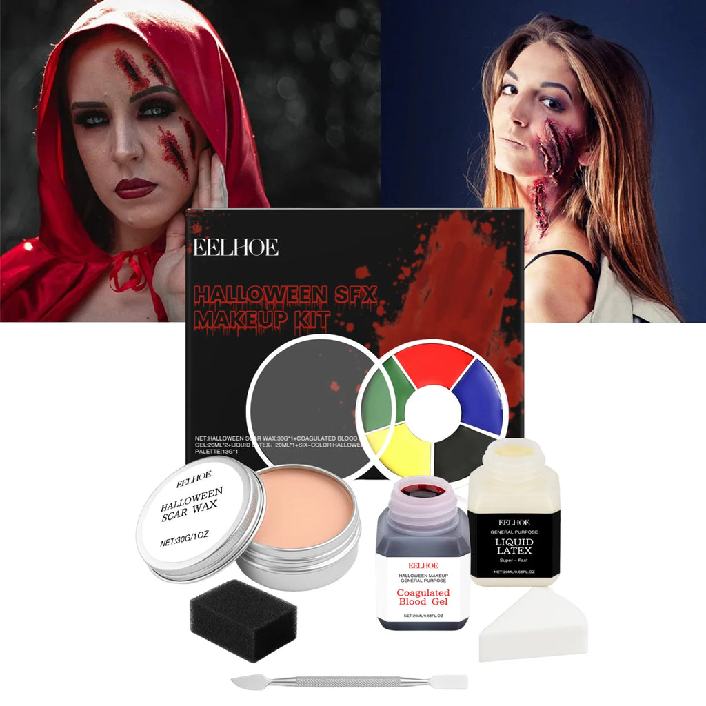 Halloween SFX Makeup Kit Scar Wax Coagulated Blood Gel Liquid Latex 6Color Palette Realistic Washable Special Effects Makeup Kit Qme