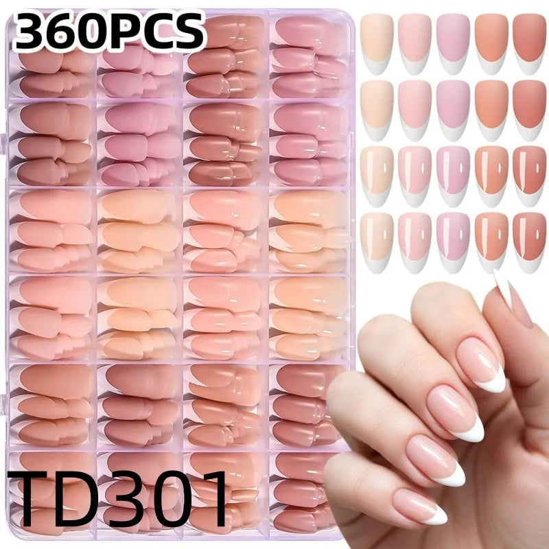 Pink French Almond Fake Nails Full Cover False Nail Tip for women French press on nails Wedding/daily reusable Qme TD301 360pcs