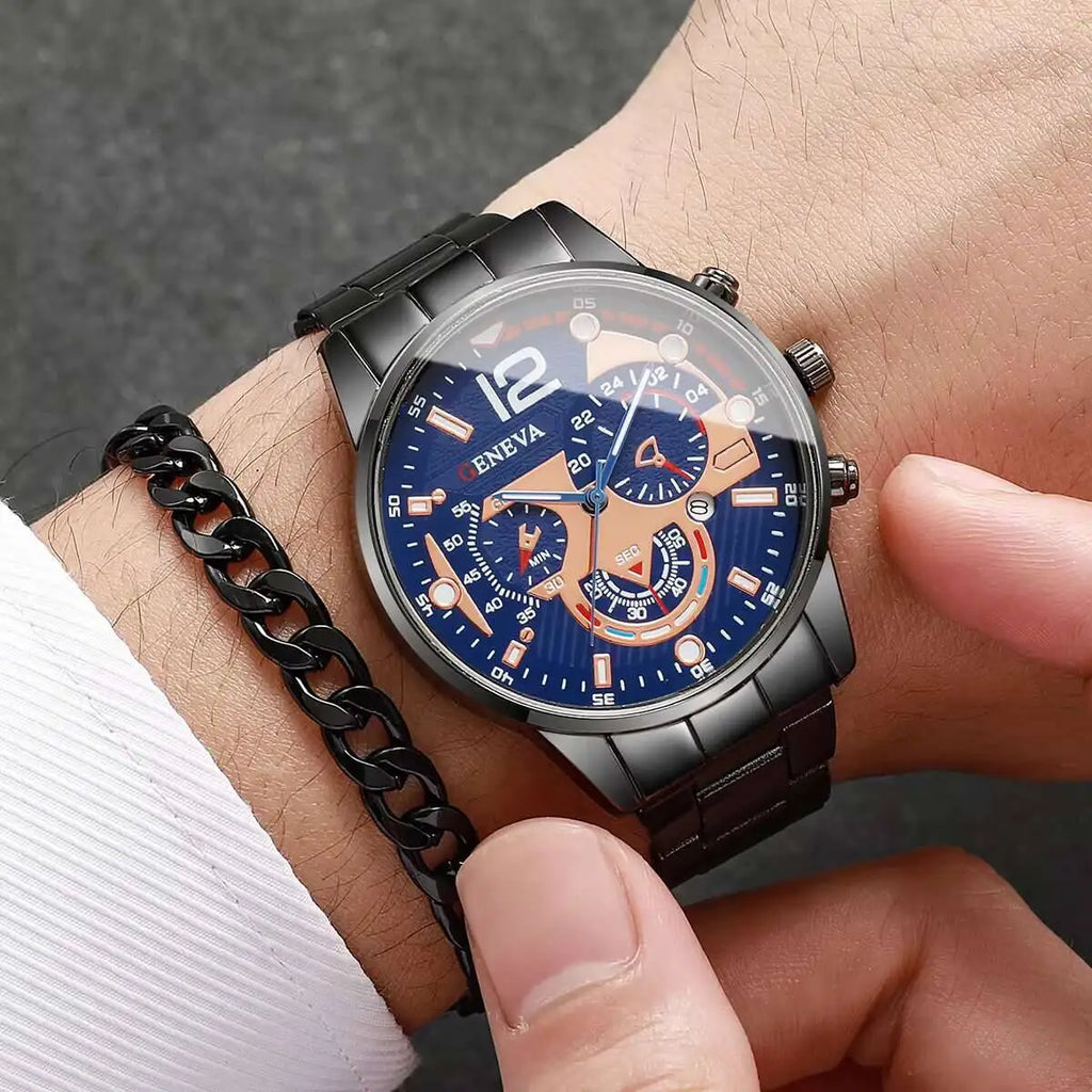 Men's Watch Steel Belt Calendar Quartz Sports Night Light Pointer Quartz Watch Men's Watch Qme