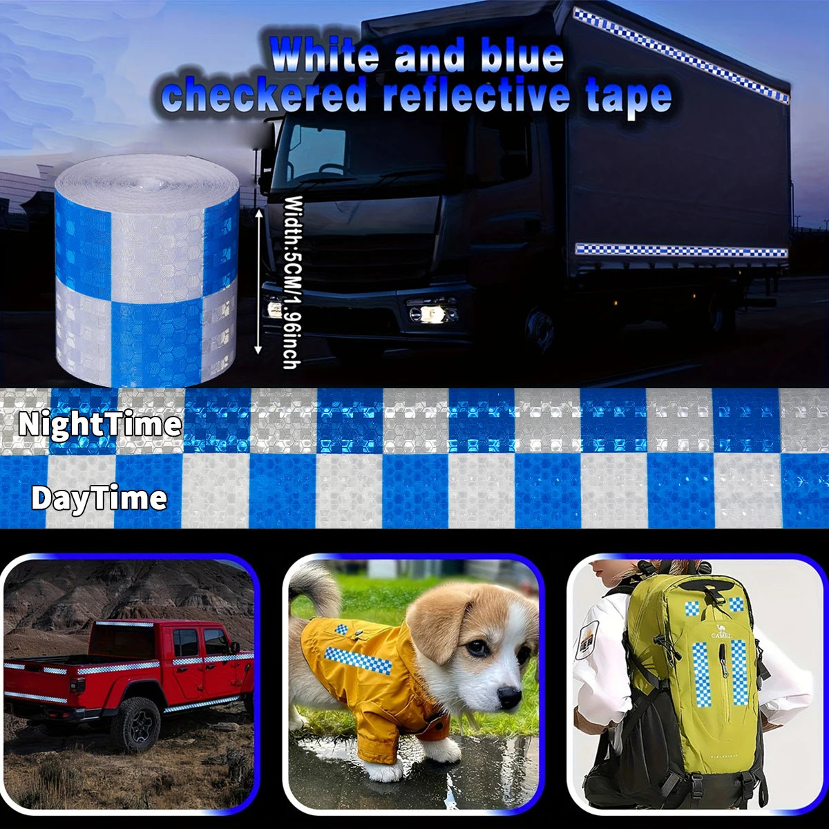 Reflective Sticker Square Grid Checkered Pattern Reflector Tape Red Yellow Fluorescent White Reflect Film For Truck Car Road Qme White and blue 5m 5cm