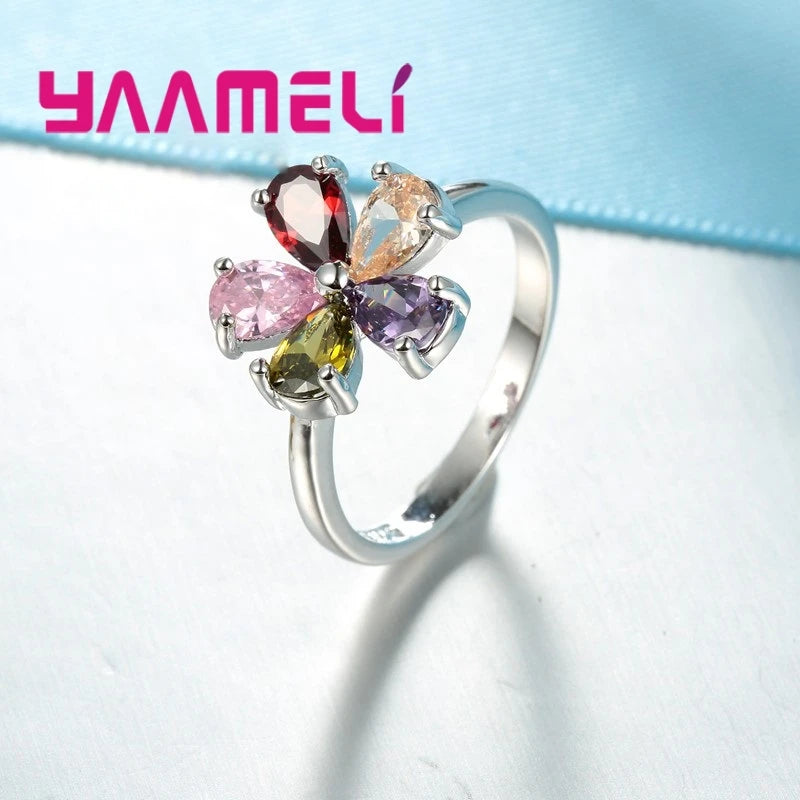Beautiful Flower Shape Colorful Crystal 925 Sterling Silver Color Women Wedding Engagement Rings Fashion Party Finger Jewelry Qme