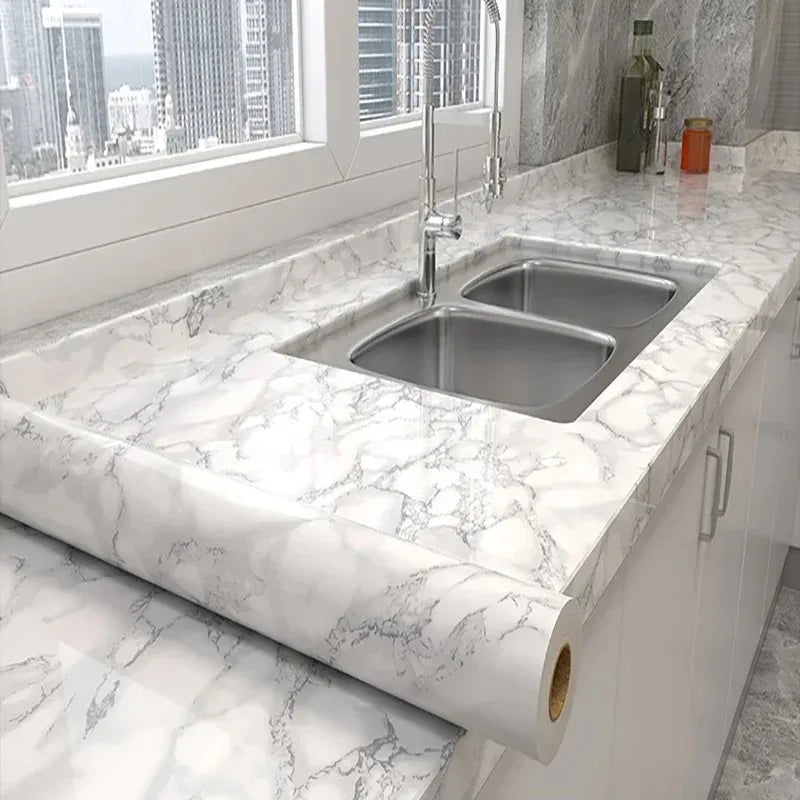 60cm Waterproof Oil Resistant Mold Resistant Self-Adhesive PVC Marble Wall Sticker for Kitchen Cabinets Countertops Wallpaper Qme