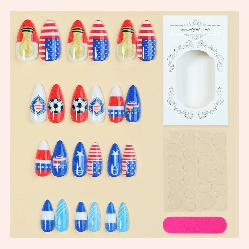 American USA National Team Sports Fan High Class Almond False Press On Nails US National Flag Themed Decorative Artificial Nail Qme