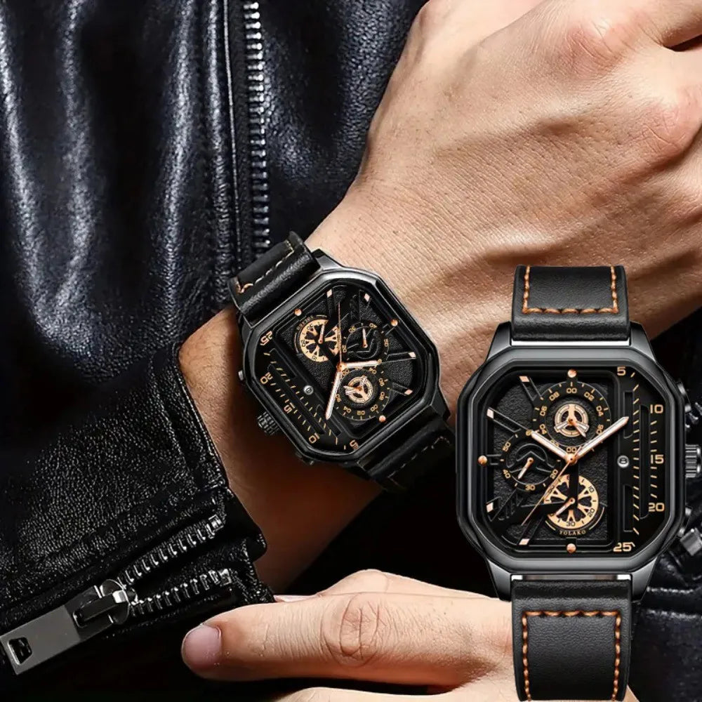 Luxury Square Case Men Chronograph Wristwatch, Multi-Subdial Hollow Dial Black Gold Accent Leather Strap Sport Business Quartz Qme