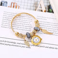 Golden Adjustable Opening Alloy Bracelet Quartz Bead Flower Pendant Couple Watch with Gift Box Qme 4