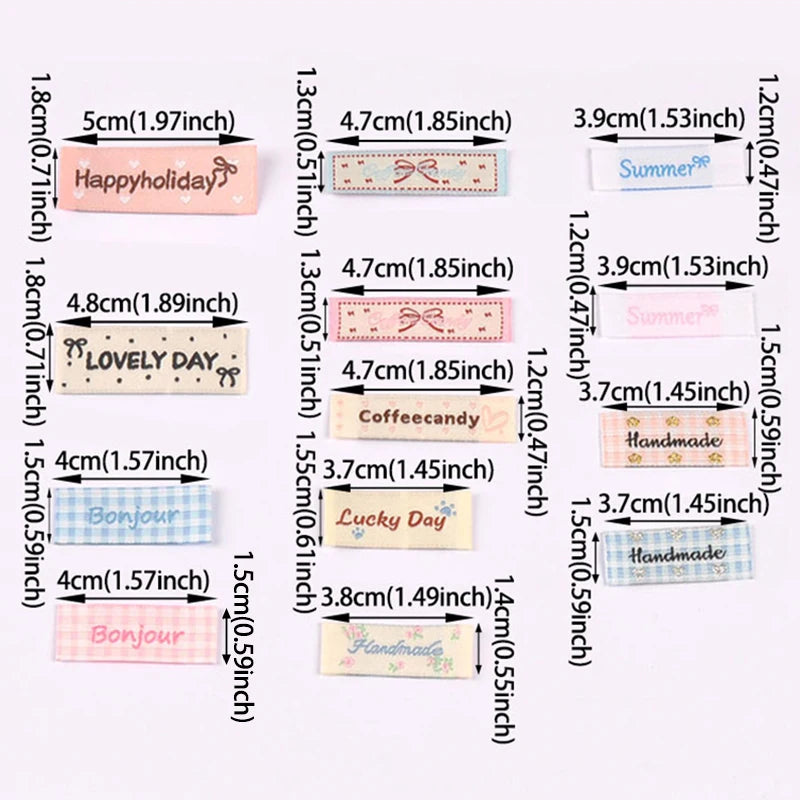 50pcs 12-50mm Assorted Cute Fabric Labels, Handmade Cotton Clothing Tags for DIY Sewing Crafts Clothes Bags cp3839 Qme