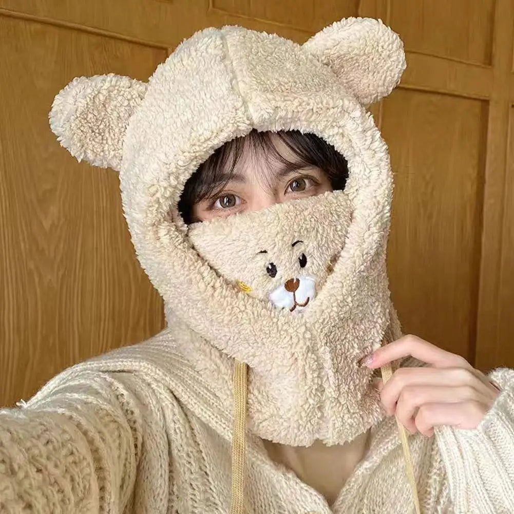 Winter Bear Plush Hat Scarf Mask One-Piece Warm Women's Cozy All-Match Cold Resistance Student Overhead Cap Fashion Accessory Qme