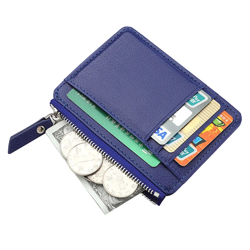 Hot-selling Lychee Pattern Zipper Card Bag Multifunctional Thin Small Qme Blue