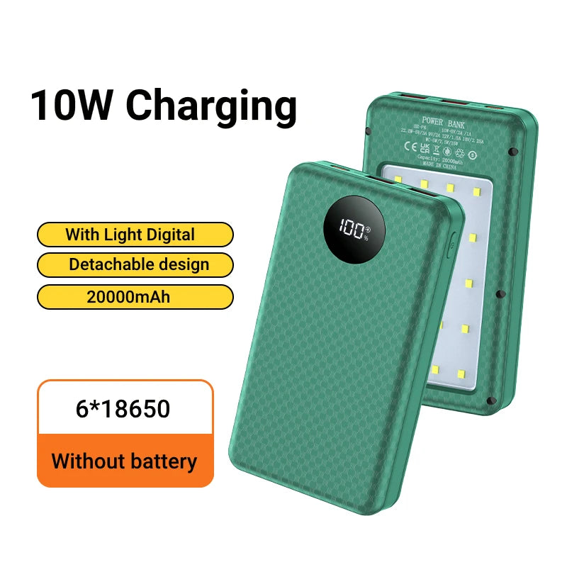Multifunctional 6 Slots 18650 Battery Holder DIY Mobile Power Shell 10W Fast Charging LED Lamp Outdoor Portable Charger Case Qme green