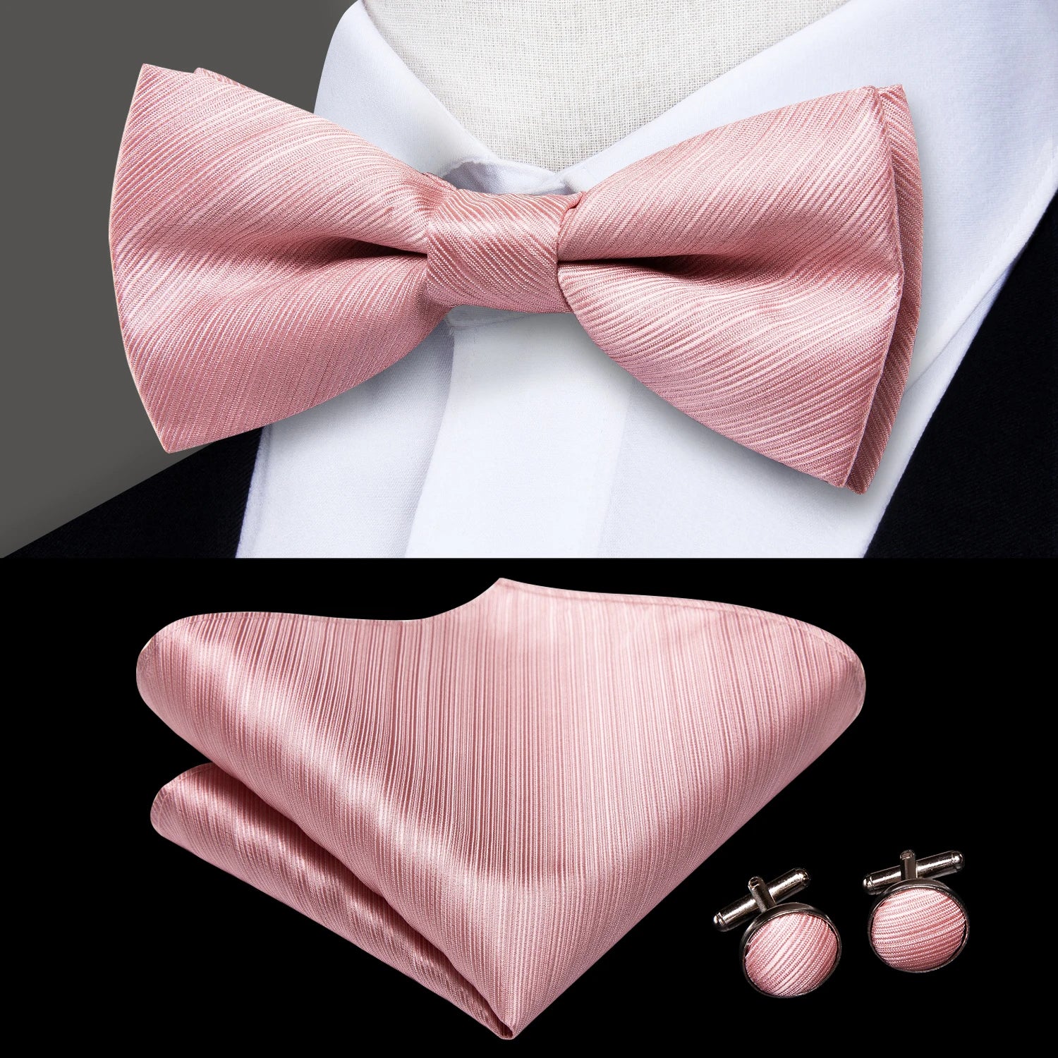 Hi-Tie Pea Green Silk Mens Striped Pre-tied Bow Tie Hanky Cufflinks Set Butterfly Knot Bowtie for Male Wedding Business Qme LH-0559