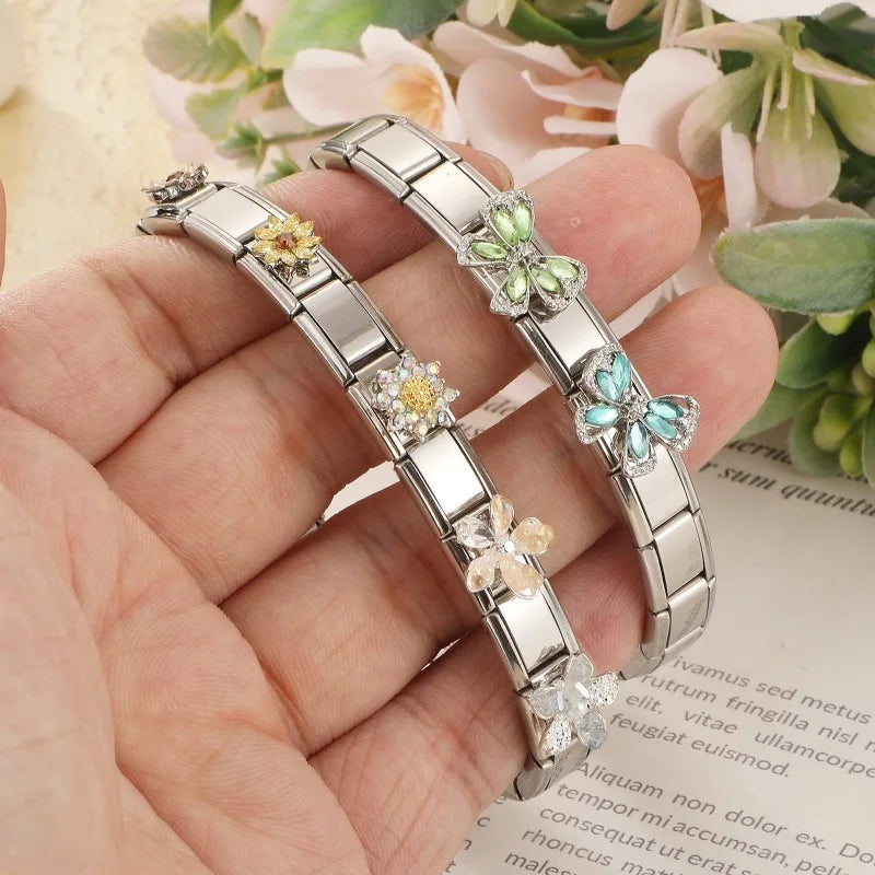 Wholesale Beautiful Flowers Shiny Zircon Bowknot Italian Charm Links Stainless Steel Fit 9mm Bracelet Jewelry Diy Making Gifts Qme