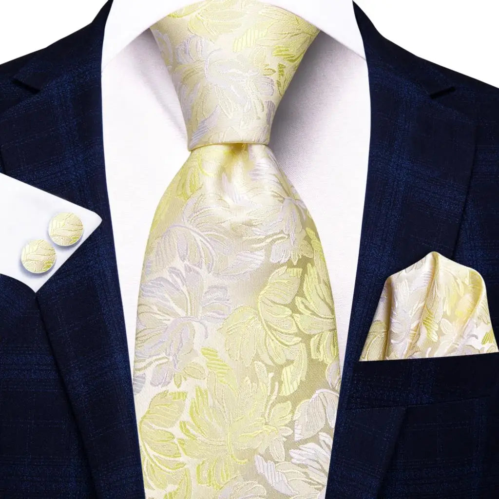 Champagne Floral Paisley Elegant Tie Men Groom Wedding Yellow Gray Qme SN-3808
