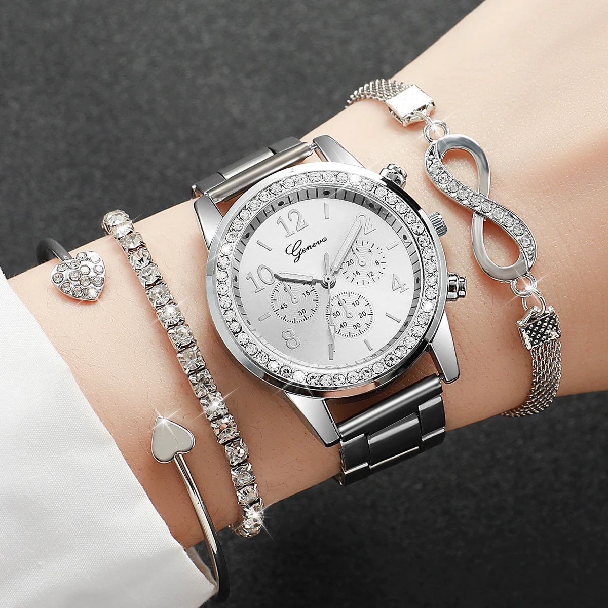 Elegant Sparkling Rhinestone Women Gift Set, GENEVA Gold Tone Chronograph Watch Matching Diamond Heart Infinity Jewelry Bracelet Qme Coffee