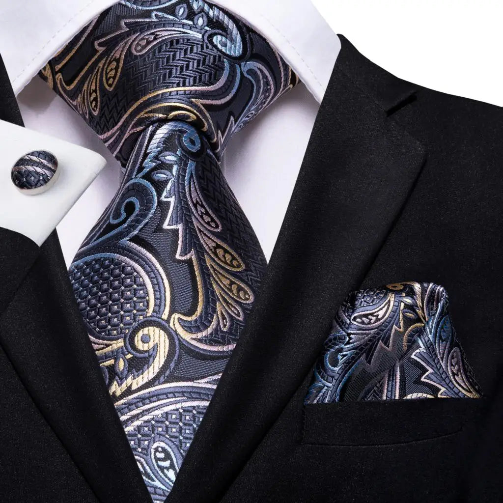Hi-tie Smoke Grey Tie Men Elegant Mens Necktie Pocket Square Cufflink