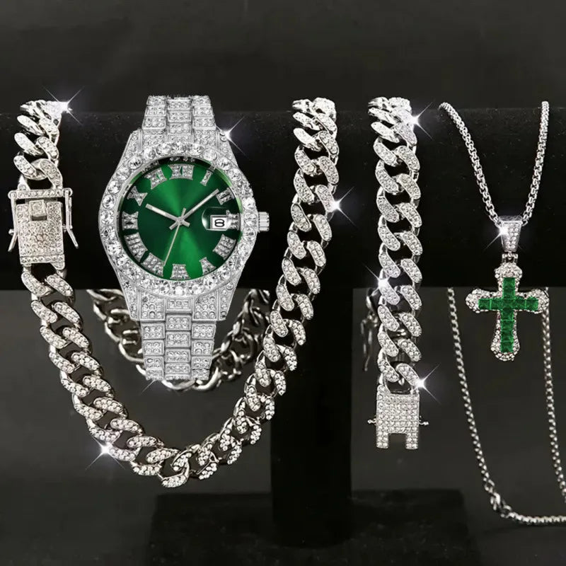 New tricolor watch set with diamonds, Cuban necklace bracelet, and cross four piece large dial Qme Coffee