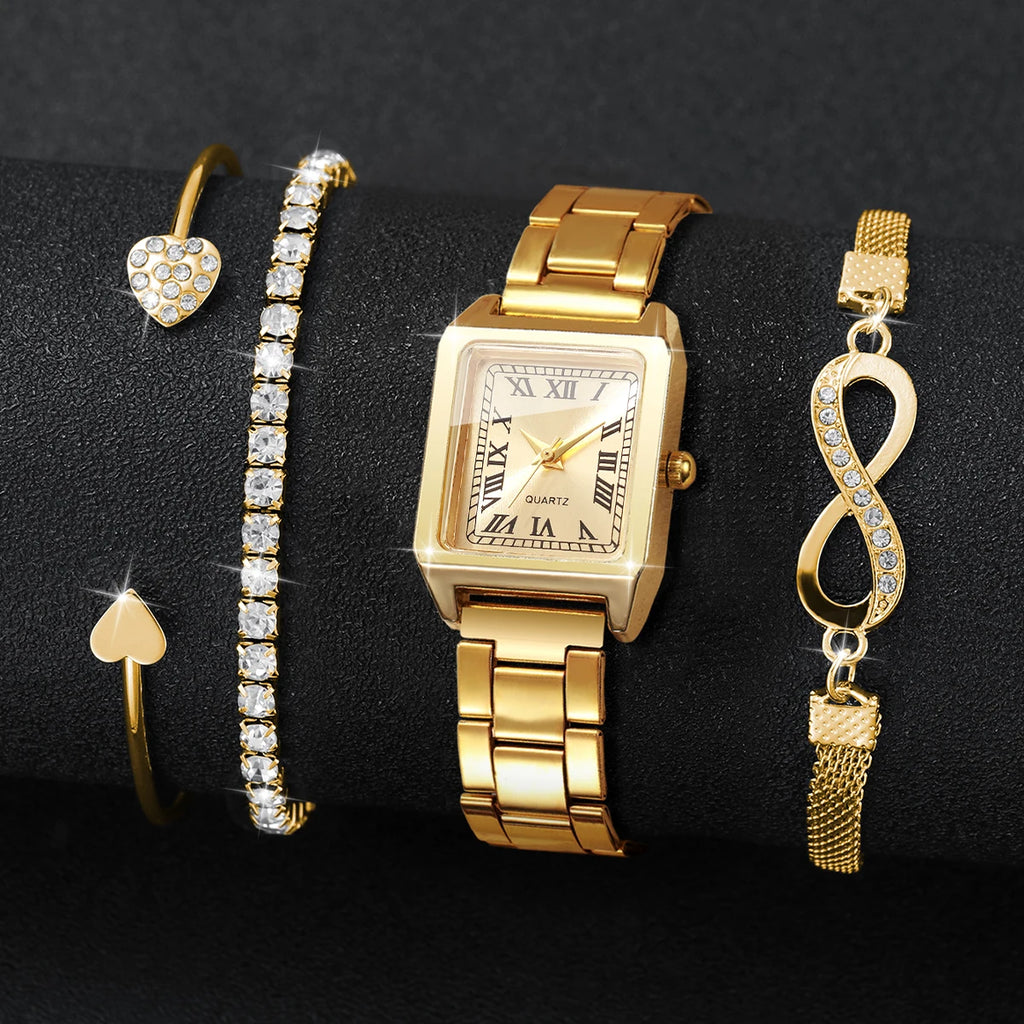 Luxury Gold Tone Women Watch Set Roman Numeral Square Dial Quartz Wristwatch with 3pcs Crystal Bracelets Female Jewelry Gift Set Qme