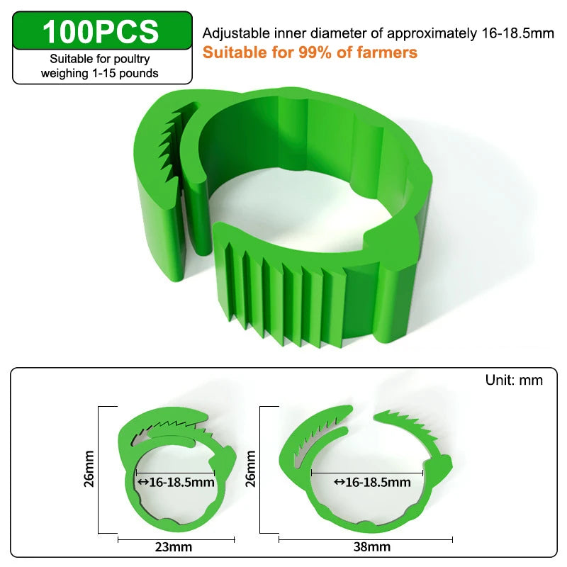 100Pcs 16~18.5mm Chicken Foot Rings Adjustable Poultry Leg Snap Ratchet No Number Buckle Clip Chick Duck Goose Pigeon Raising Qme Green