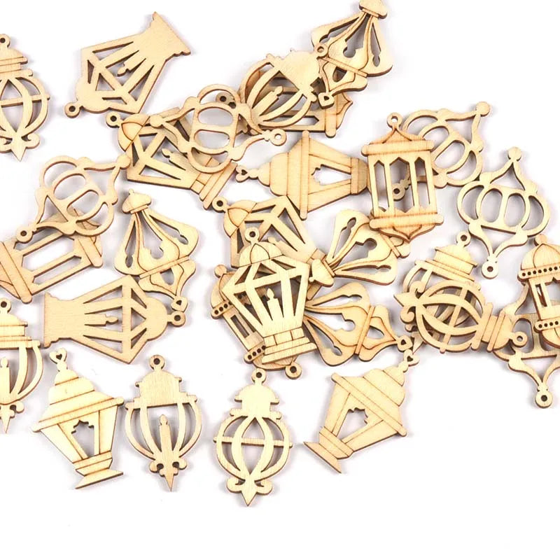 25pcs 2.5x4cm Mixed Eid Mubarak Wooden Pendants Crafts Hanging Ornaments Ramadan Wood DIY Supplies Home Muslim Islamic Party Dec Qme