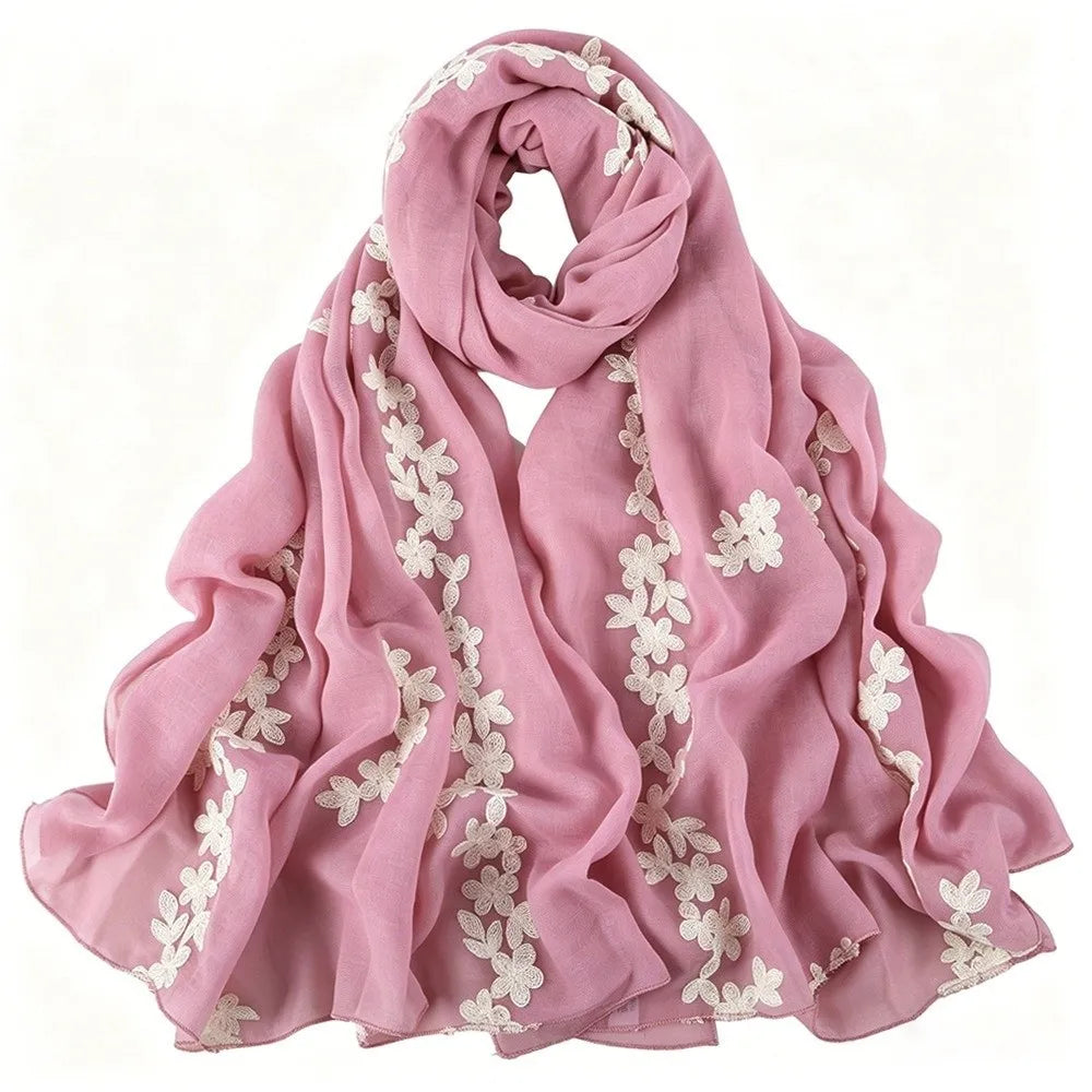 Floral Pattern Embroidered Hijab Breathable Lightweight Thin Fabric Shawl Soft Edged Gentle Ethnic Long Foulard Casual Stole Qme Pink