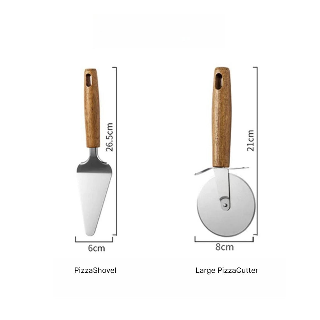 A Multifunctional Kitchen Gadgets Acacia Wood Stainless Steel Peeler Can Opener Egg Beater Pizza Cutter Cheese Spatula Set Qme