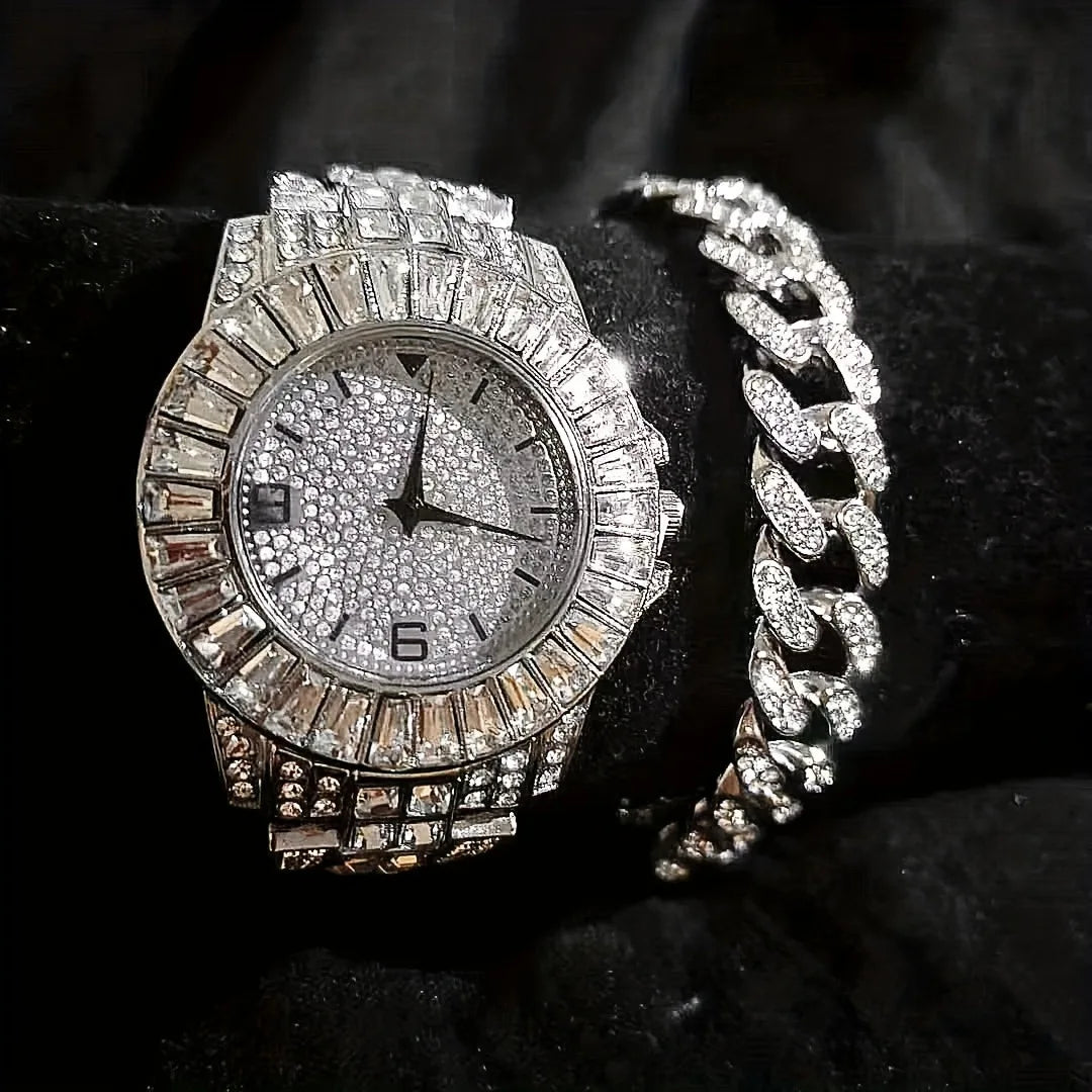 5pcs Foreign Trade Hot Men's Watch Set Hip Hop Full Diamond Quartz Watch Set Men's Business Quartz Watch Qme