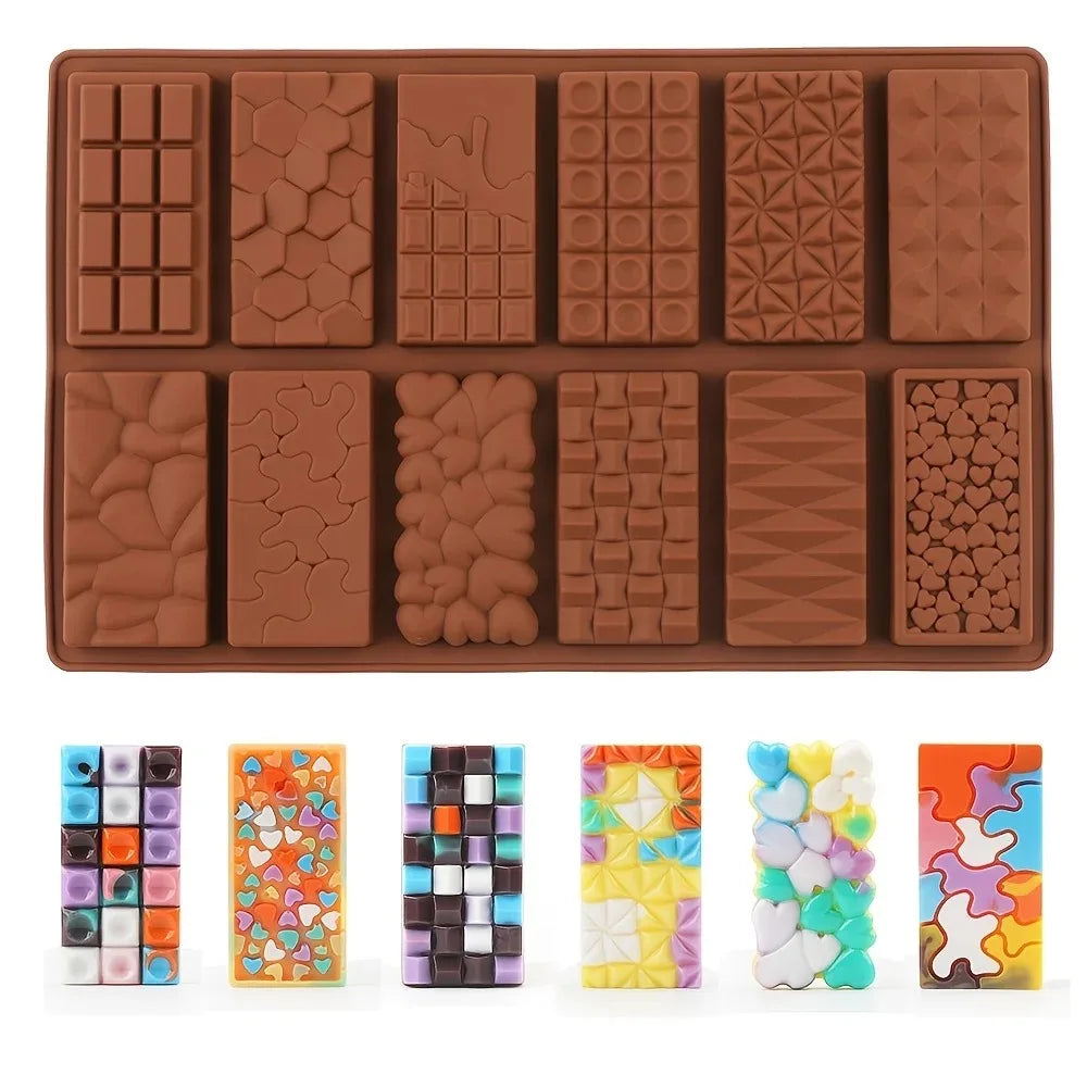 12-Cavity 3D Silicone Chocolate Bar Mold Essential Bakeware Baking Qme