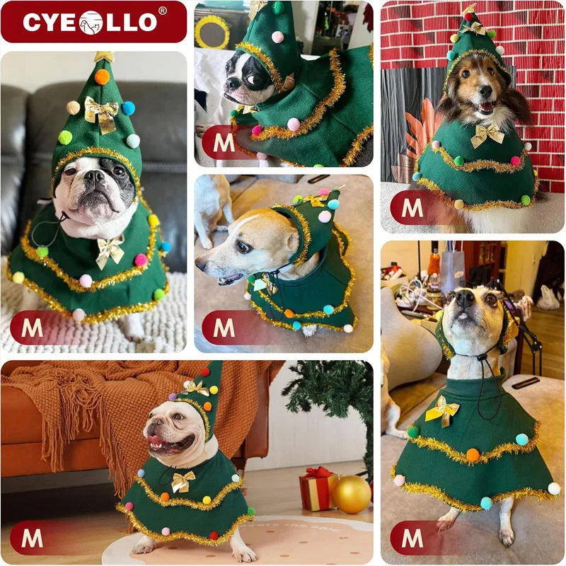 Pet cat and dog Christmas cloak with hat, stars and fluffy balls, suitable for small and medium-sized dogs during Christmas Qme