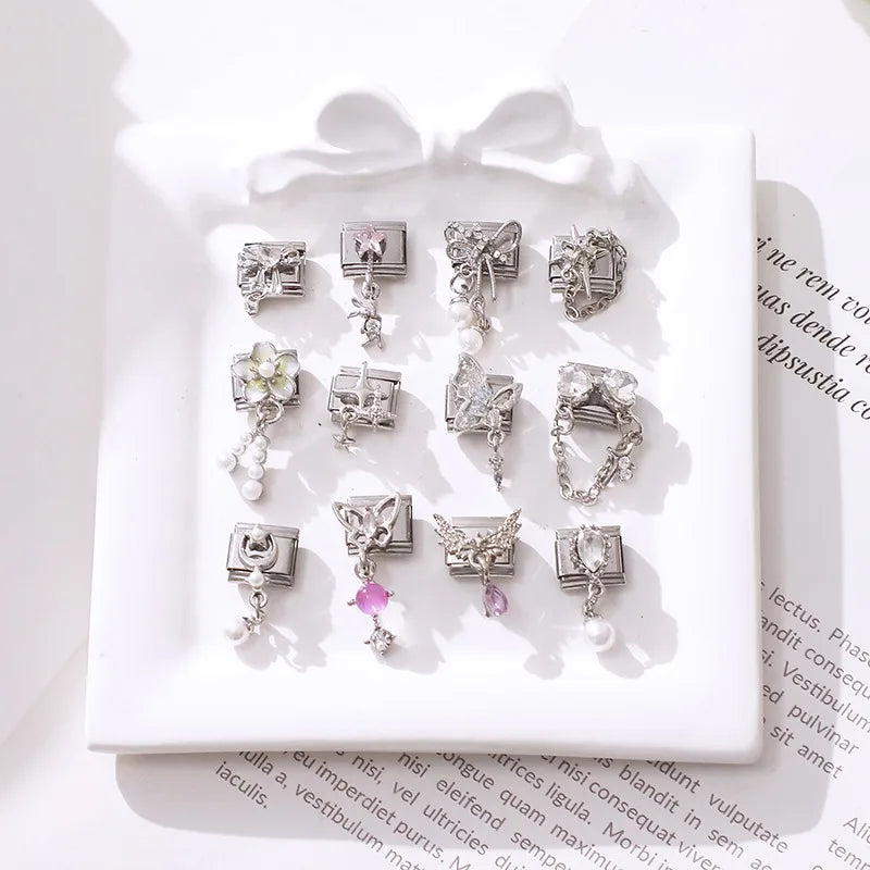 Y2k Italian Charm Silver Color Bracelet Series Blue Stars Zircon Bowknot Pearl Heart Hand Making DIY Chain Shiny Pendant Jewelry Qme