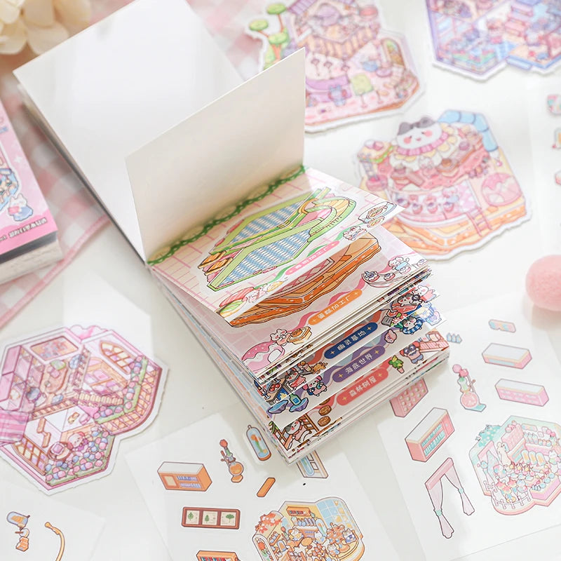 TIANZI 24/96 Pcs 3D Cartoon Landscape Sticker Book DIY Scrapbooking Aesthetic Stationery Stress Relief for Students Qme