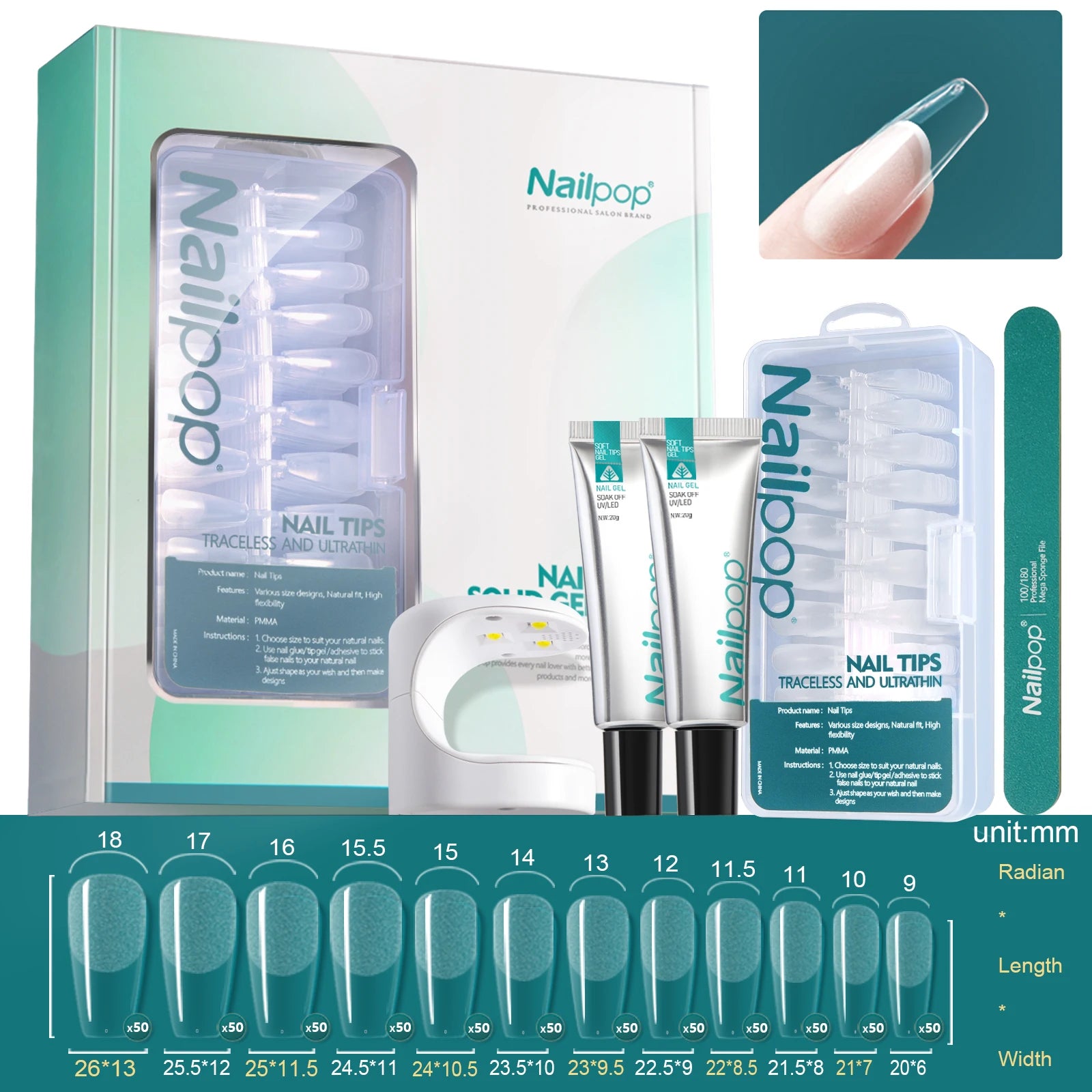 Nailpop Salon Nail Soft Gel Polish UV LED Lamp Tips Double File DIY Qme MJT-SET-69c
