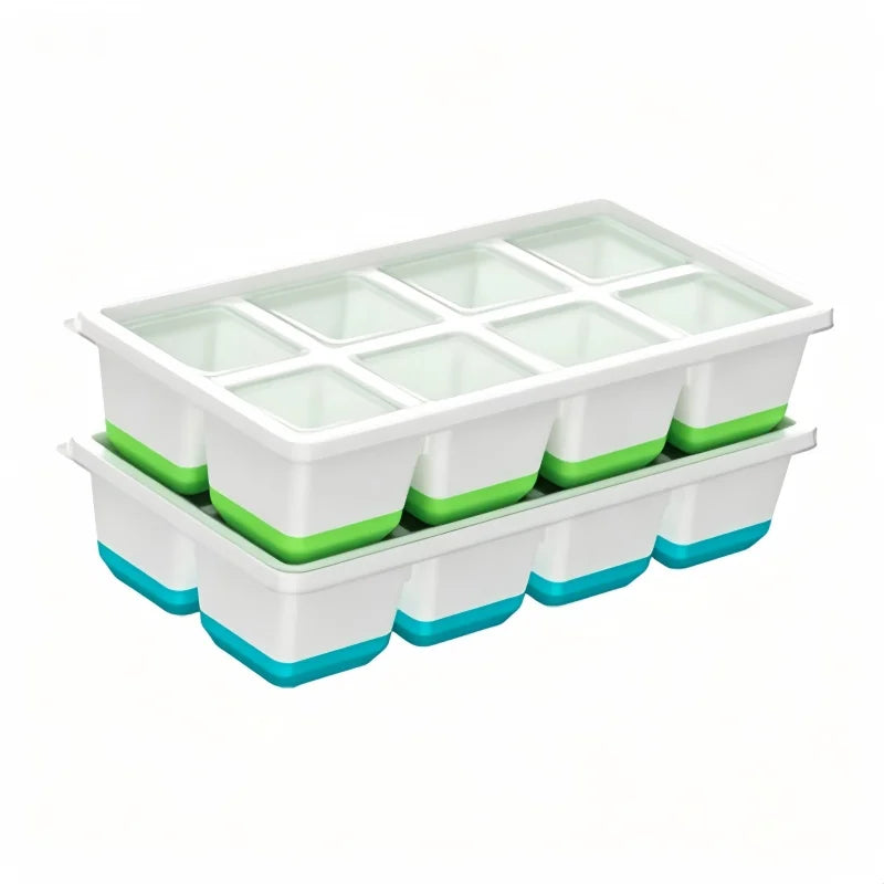 8 Grid Large Square Plastic Ice Tray with Lid, Soft Bottom Easy To Release Mold Large Ice Cube Mold for Whiskey Cocktail Qme 2pcs blue-green