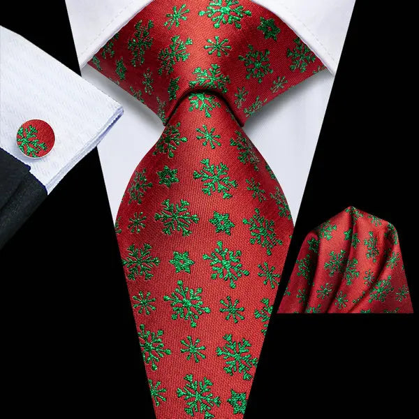 Christmas Red Tie Set 3 Pieces Men Necktie Pocket Square Cufflinks Xmas Wedding Party Suit Accessories Gifts for silk Boyfriend Qme LDSN3842