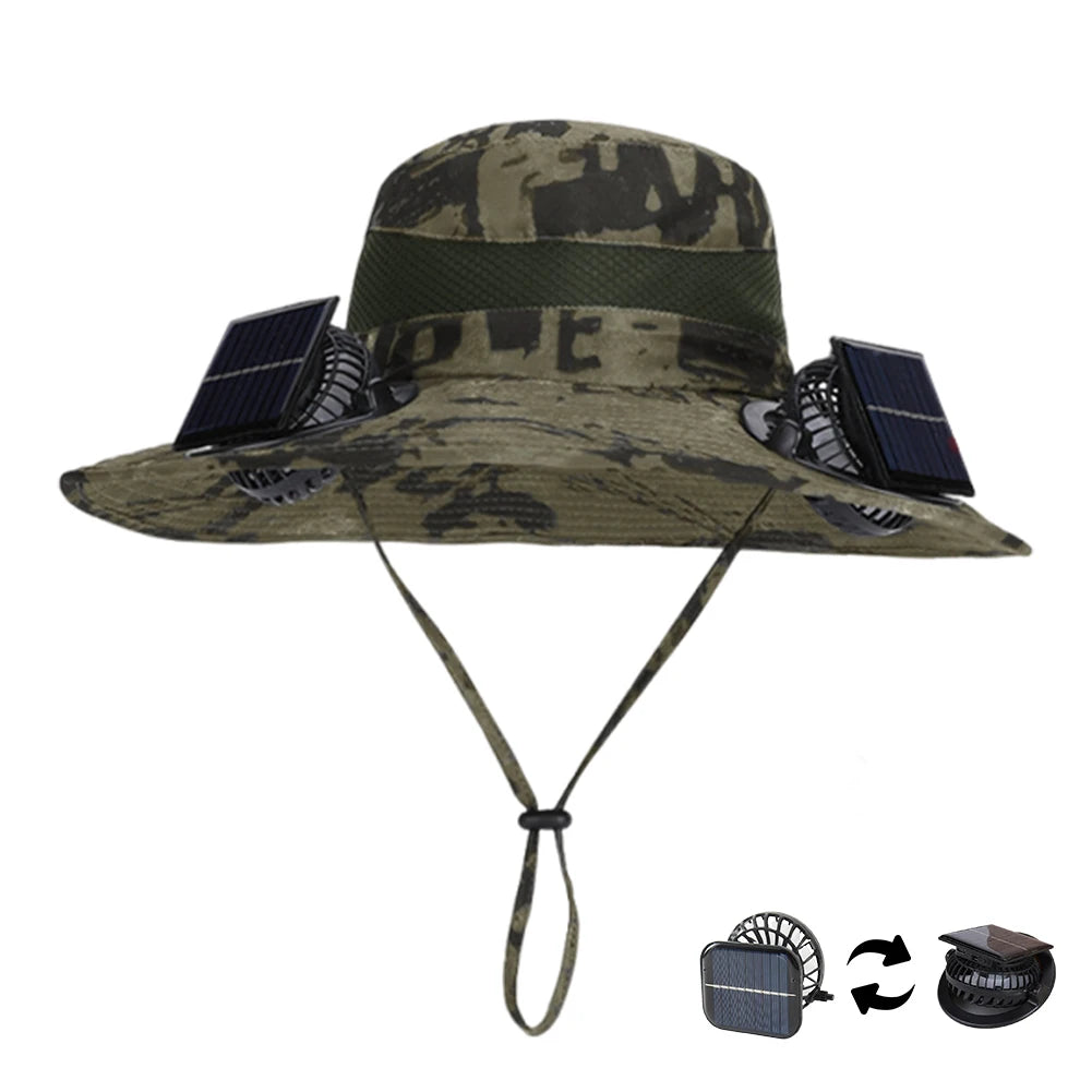 For Outdoor Camping Fishing Hiking Sunscreen Fisherman Hat Solar Fan Cap Portable Solar Charging Cap with Fan Suitable Qme Khaki ink and khaki