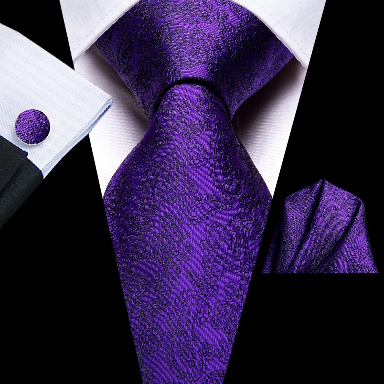 Hi-tie Mens Tie Purple Floral Stripes Solid Necktie Pocket Square